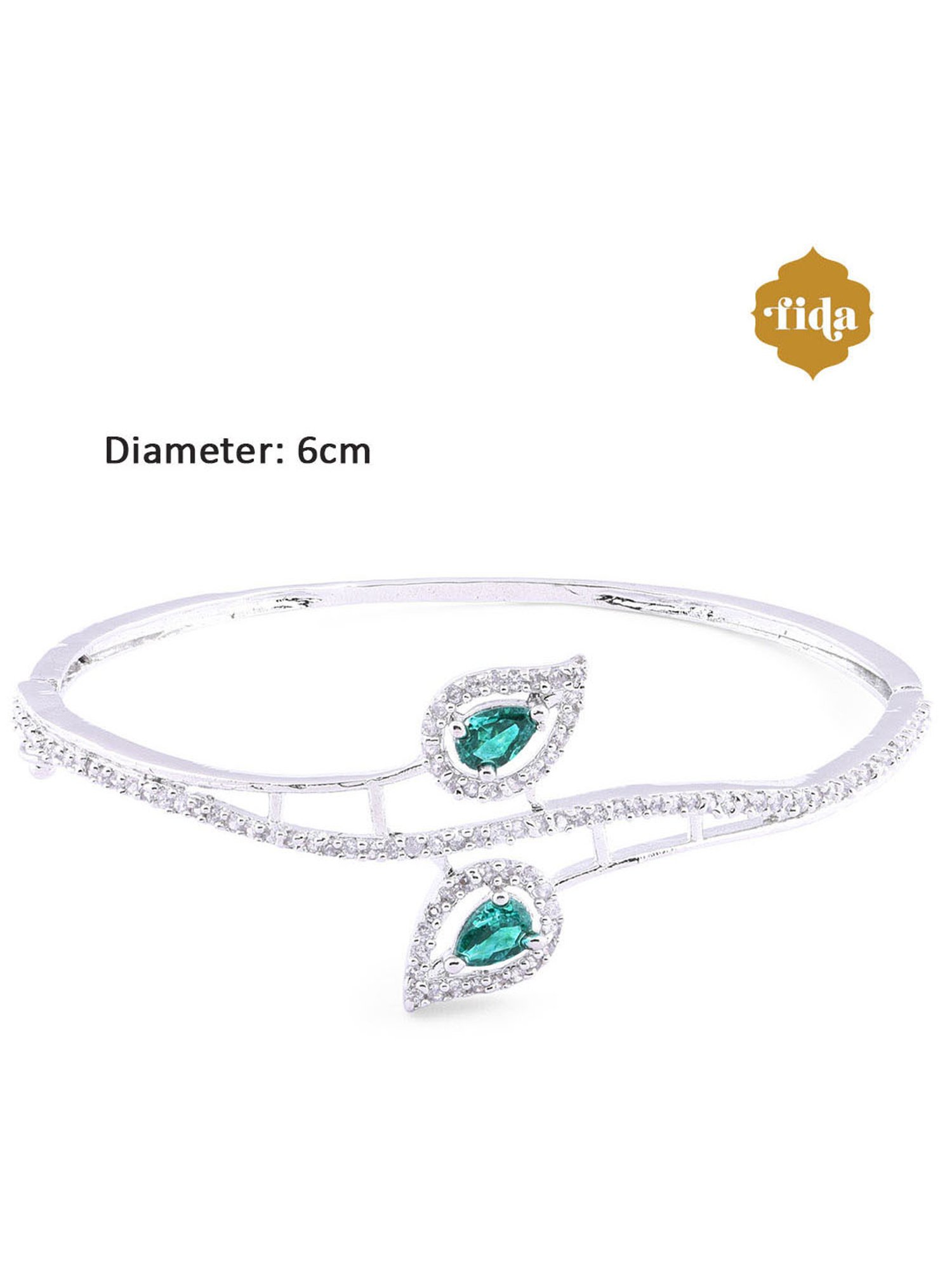 Fida American Diamond Emerald Silver-Plated Leaf Bangle-style Bracelet for Women