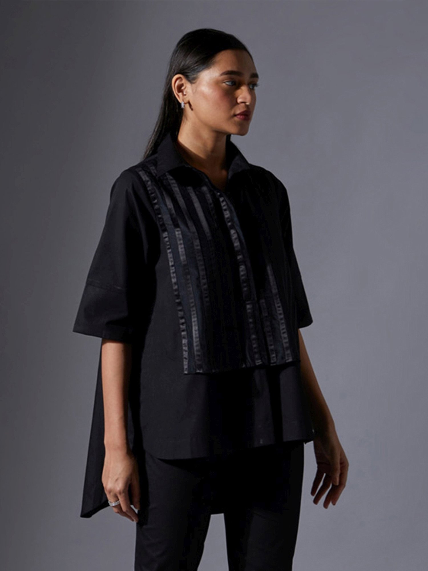 House of Manaa Black Loose Fit Satin Detailed Shirt
