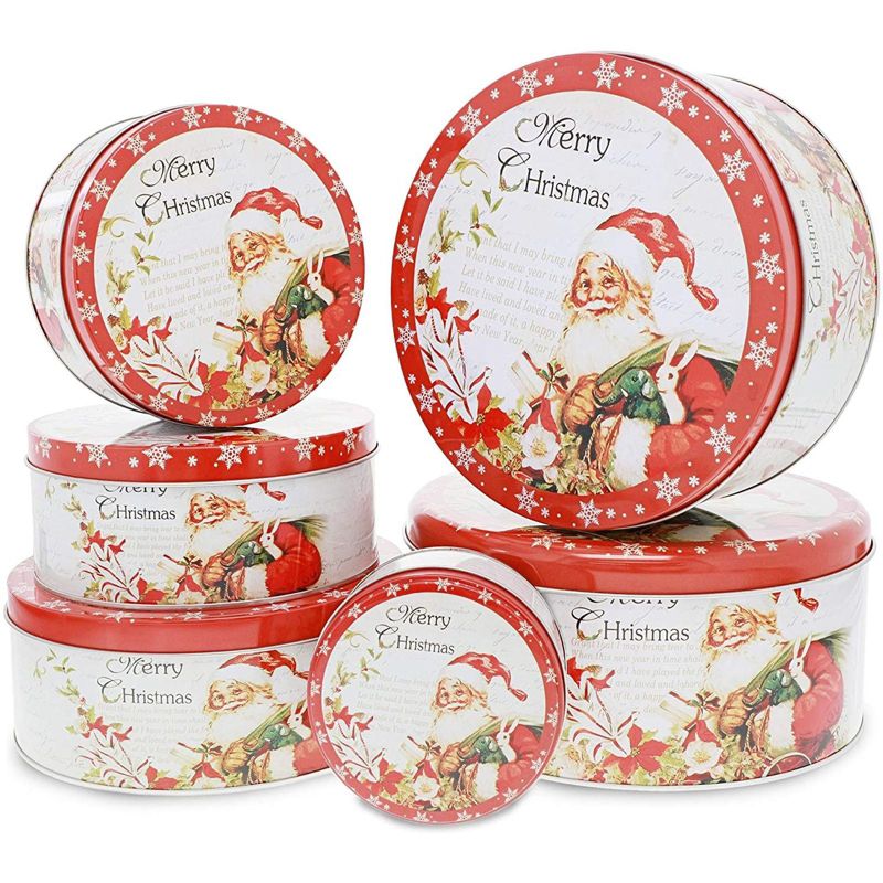 Juvale 6 Pack Christmas Cookie Tins, Round Nesting Storage Containers for Holiday Desserts
