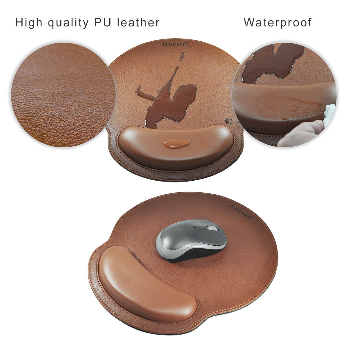 MAIDERN Gaming PU Mouse Pad Anti-slip Base Smooth Surface Ergonomic Design With Soft Memory Foam Keyboard Wrist Rest For Office Typist - Brown