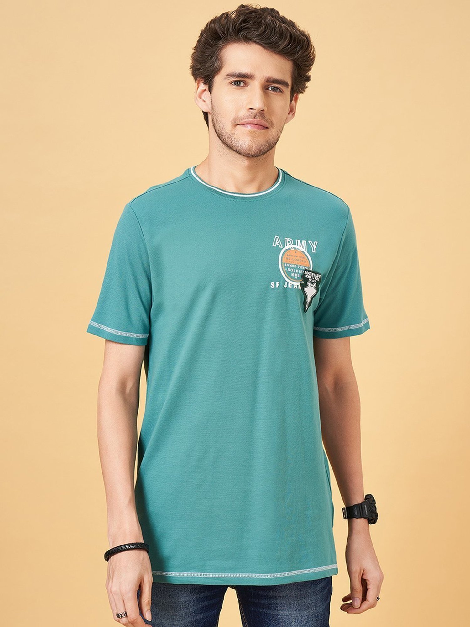 Sf Jeans By Pantaloons Dusty Turquoise Slim Fit Printed T-Shirt