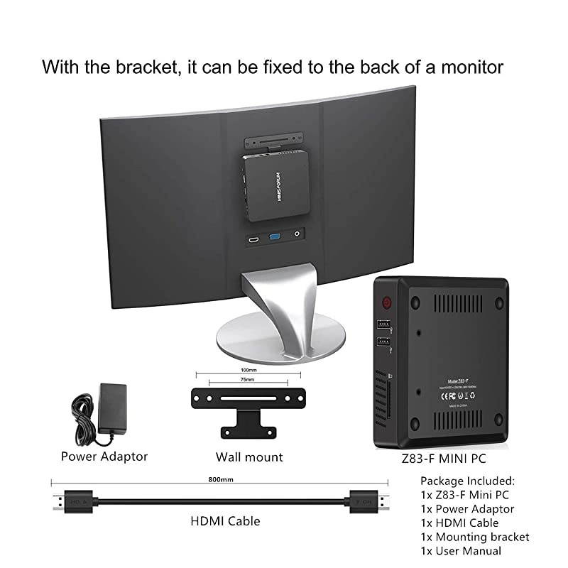 Mini PC Fanless Computer Windows 10 Pro Intel Atom Quad Core x5-Z8350 4GB DDR/64GB eMMC HDMI and VGA Port 2.4/5.8G WiFi BT4.2 USB 3.0 Mounting Bracket Auto Power On