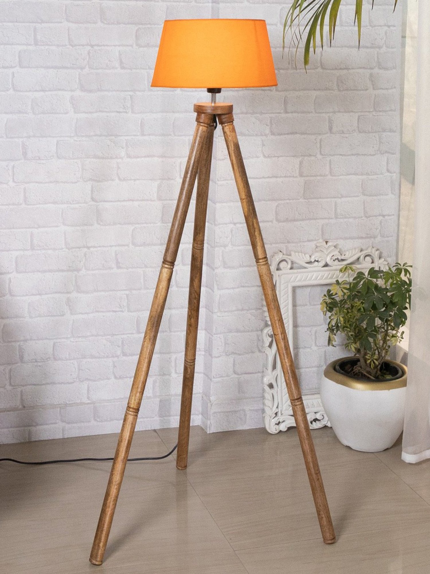 Homesake 'Tripod' Orange & Brown Wood Tall Floor Lamp With Shade & Bulb - Set of 1
