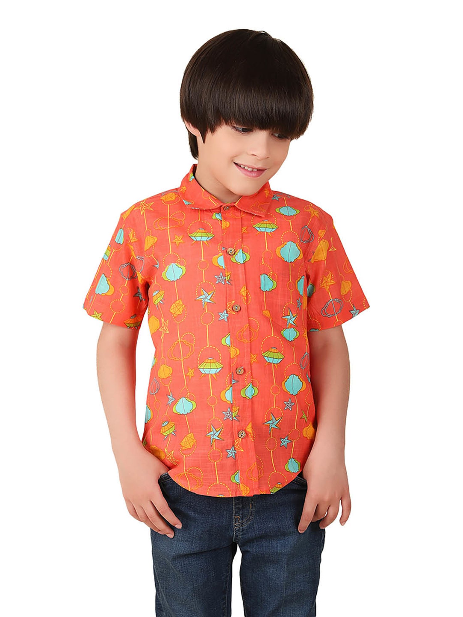 Fabindia Kids Coral Printed Shirt
