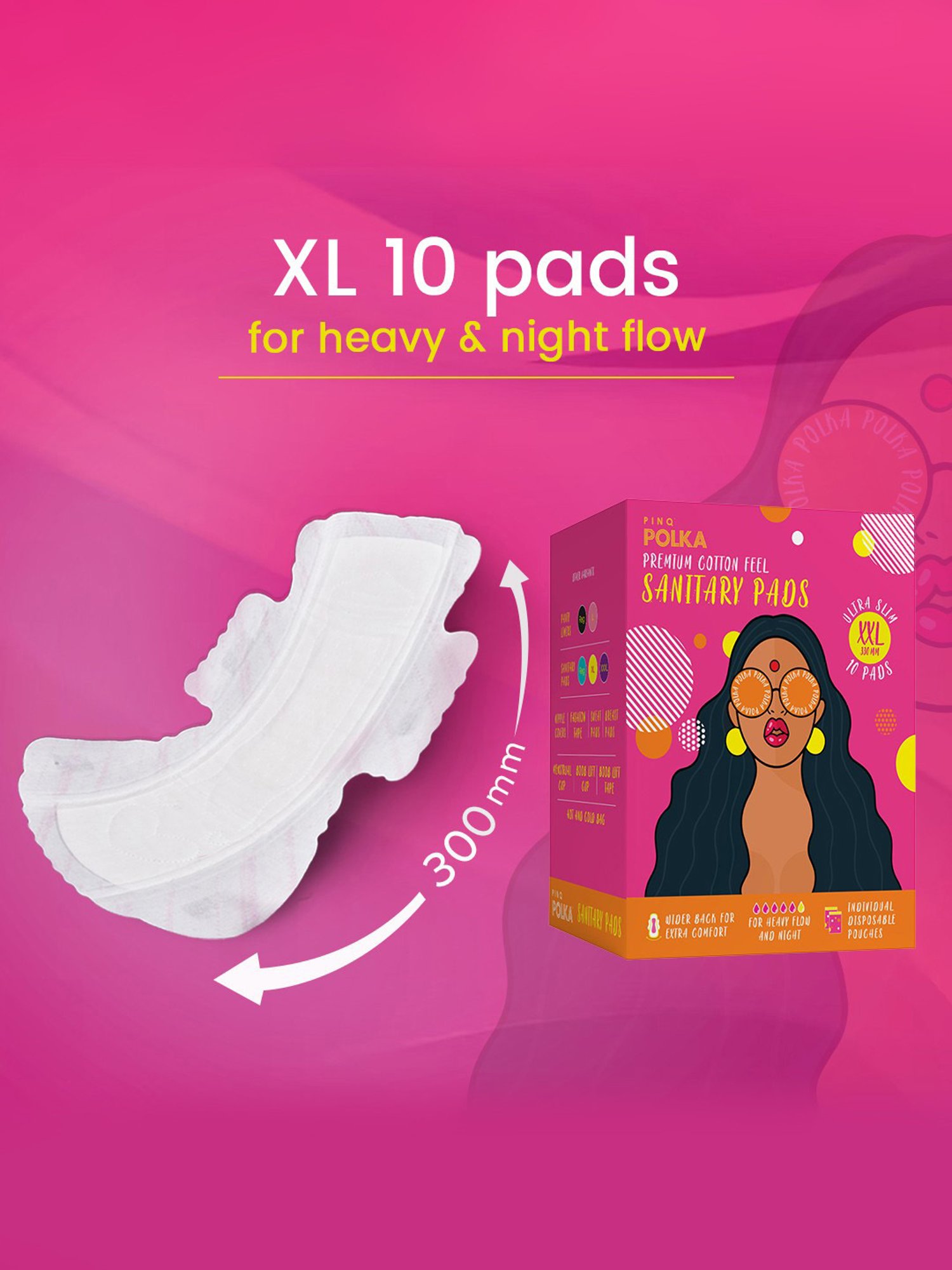 PINQ Polka Premium Cotton Feel Sanitary Pads XL+XXL - 40 Pads + 5 Pantliners