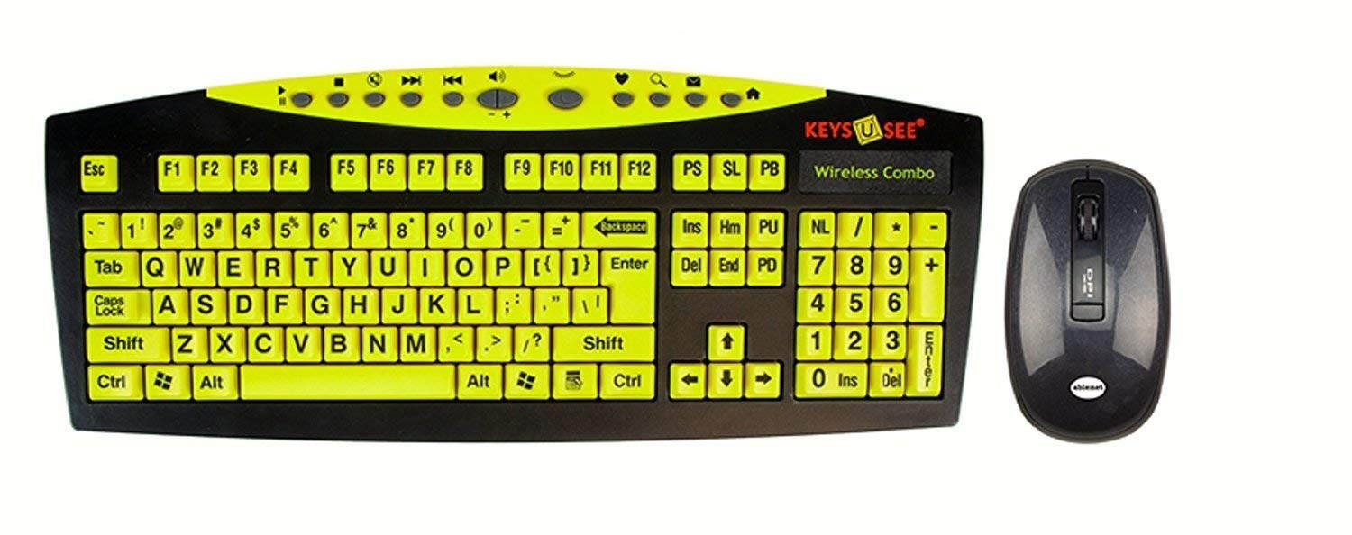 AbleNet Keys-U-See Large Print English USB Keyboard with Wireless Mouse Bundle, Black and Yellow (CD1542)
