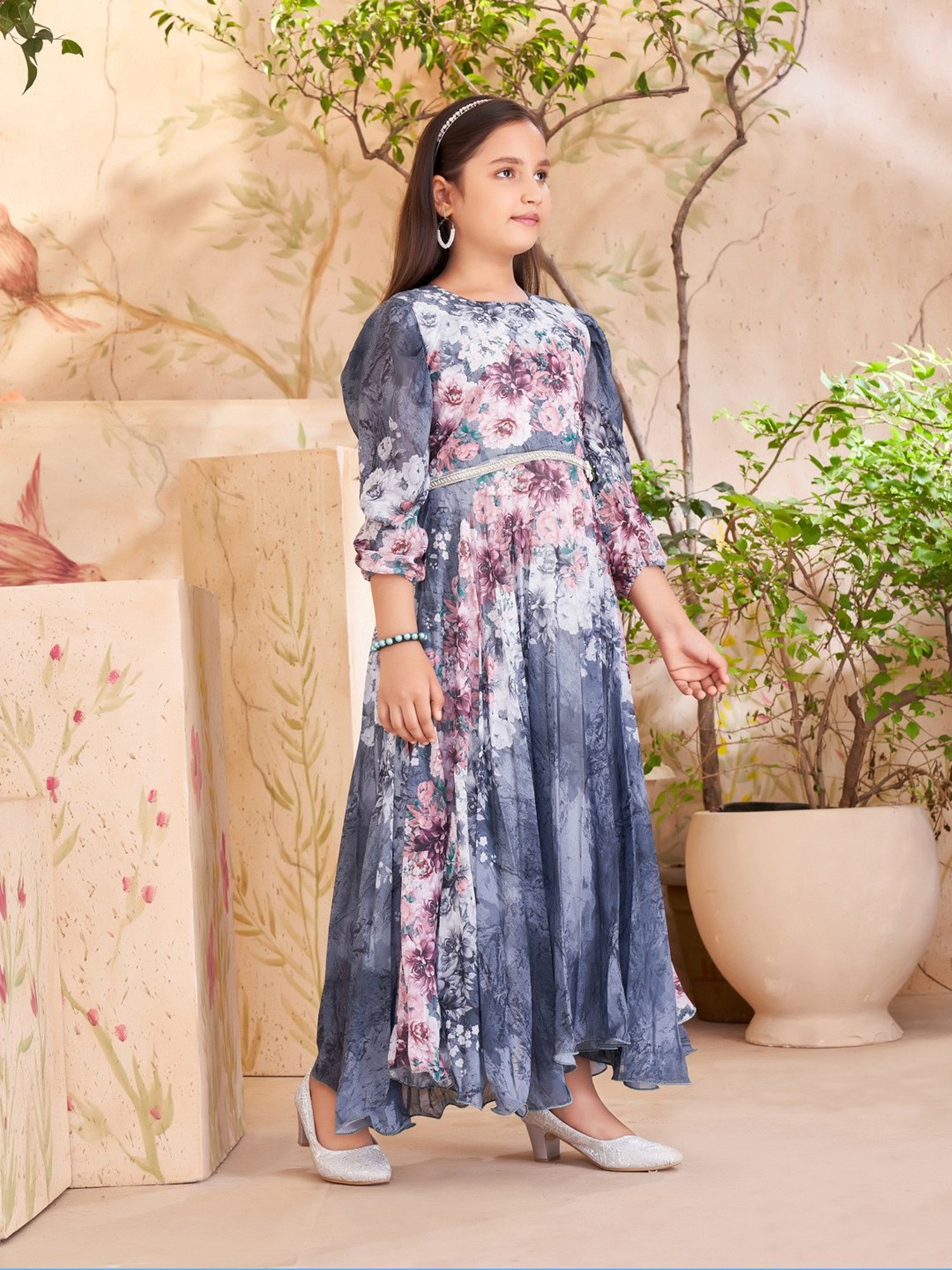 Aarika Girls Grey & Pink Floral Print Gown
