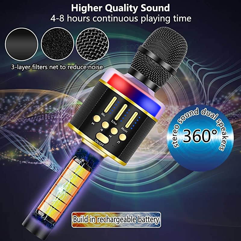 Karaoke Microphone for Kids & Adult, Handheld Wireless Bluetooth Karaoke Mic Speaker Music Player Recorder with LED Lights for Birthday Party, Wedding, Christmas