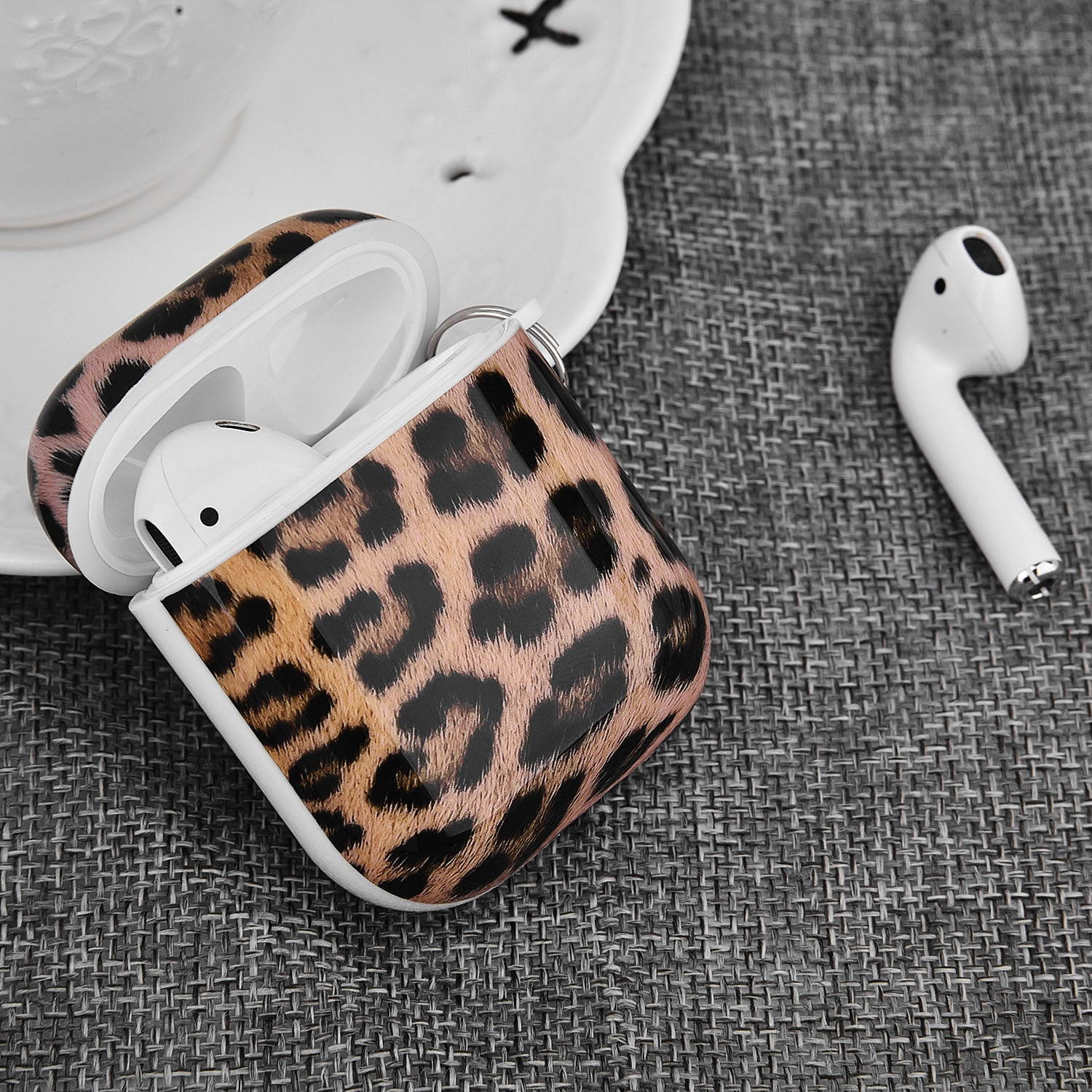 Designer Hard Shell Protective Case with Carabiner Clip for Apple AirPods - Leopard