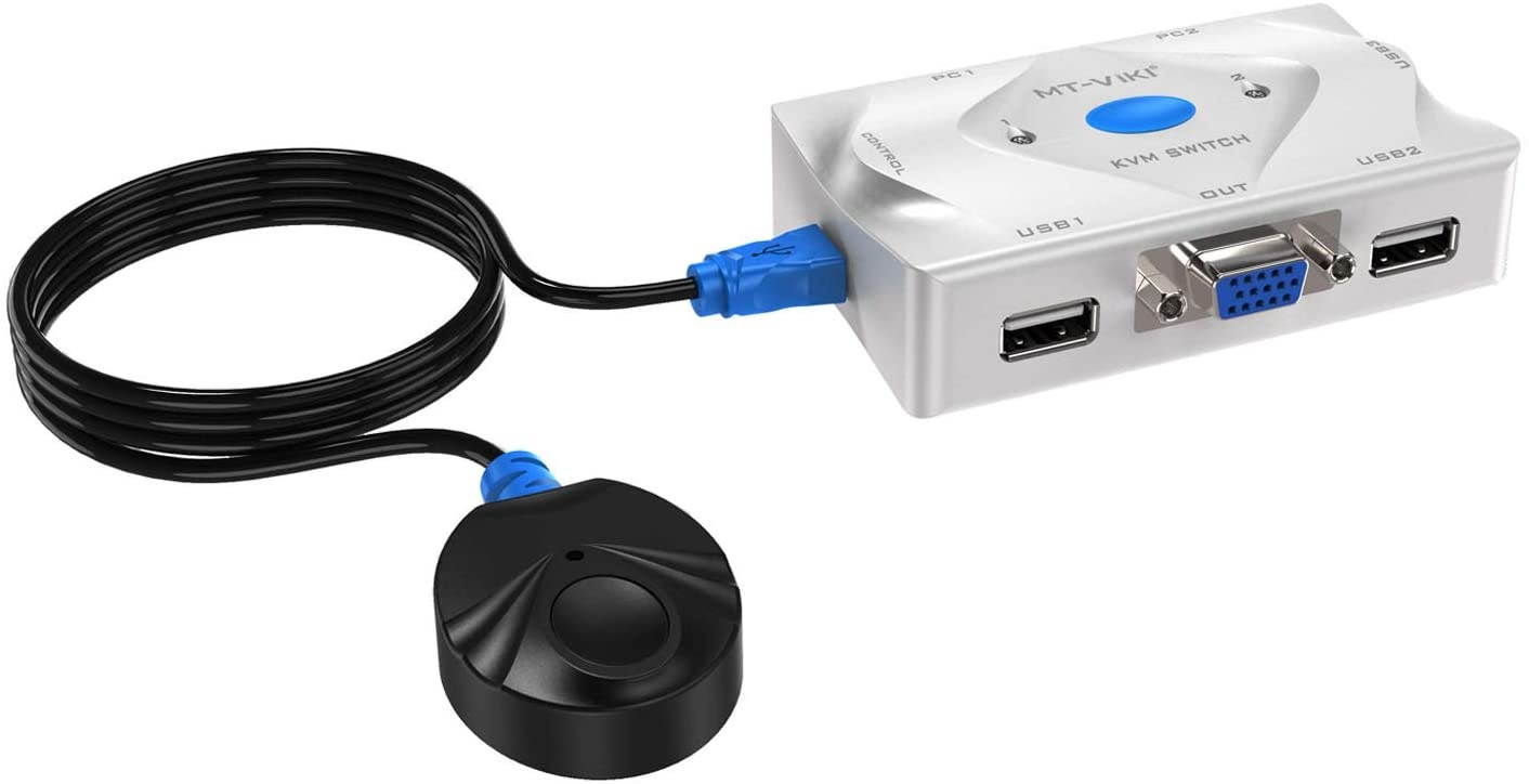 VGA KVM Switch (2 Port) Dual Computer Monitor Display Selector w/KMV Cables & USB 2.0 Hub - Desktop Remote Controller Button & Hot-Key Switcher Keyboard Mouse Switch Extender Box for PC & Mac