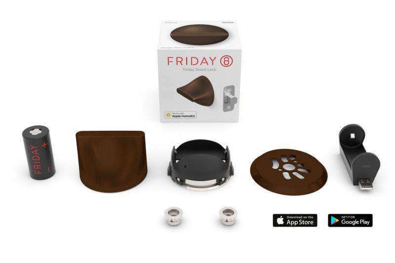 FRIDAY HOME Smart Lock - Brass Finish. World's smallest smart lock: diameter 2 3/4". IOS and Android compatible. Built in WiFi on Demand. Rechargeable battery and charger included.