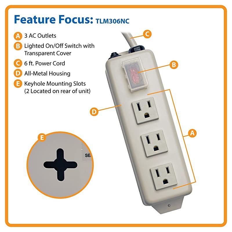 3 Outlet Home Office Power Strip 6ft Cord with 515P Plug TLM306NC