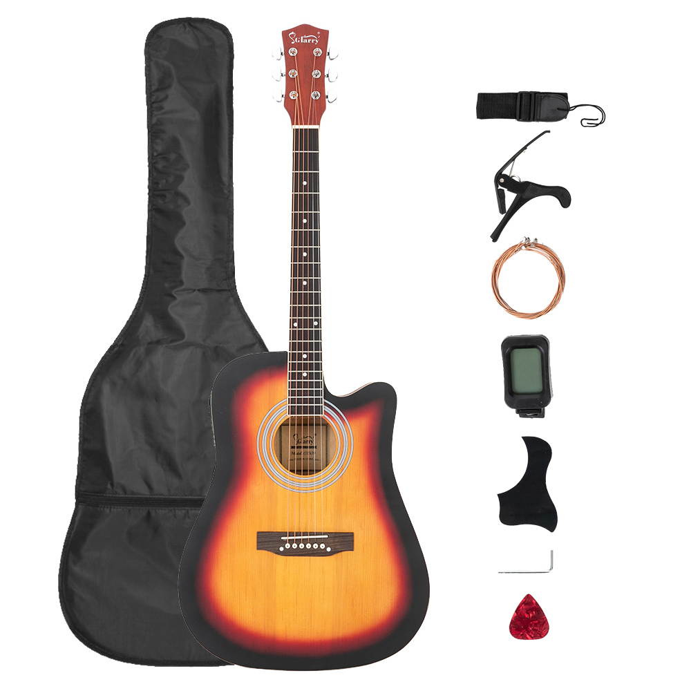 Glarry Gt509 41 Inch Spruce Panel Matte Edging EQ Folk Guitar Bag Shield Wrench Tuner Capo Shoulder Strap String Paddles Sunset Color