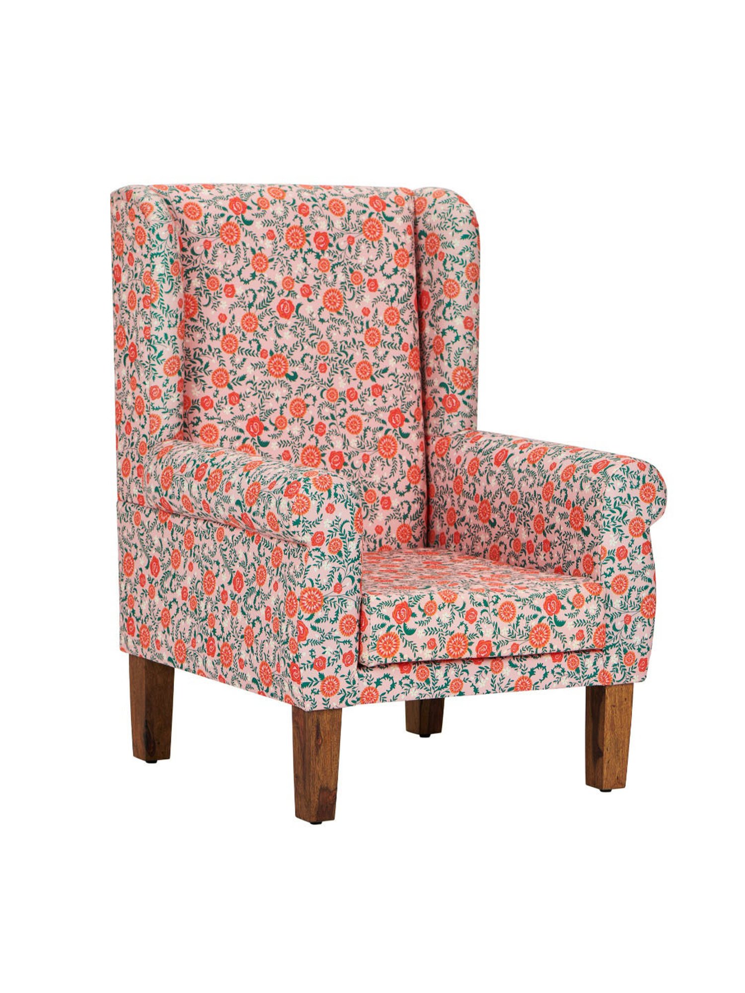 Chumbak Earthy Floral Red Sheesham Wood Begum Wing Chair