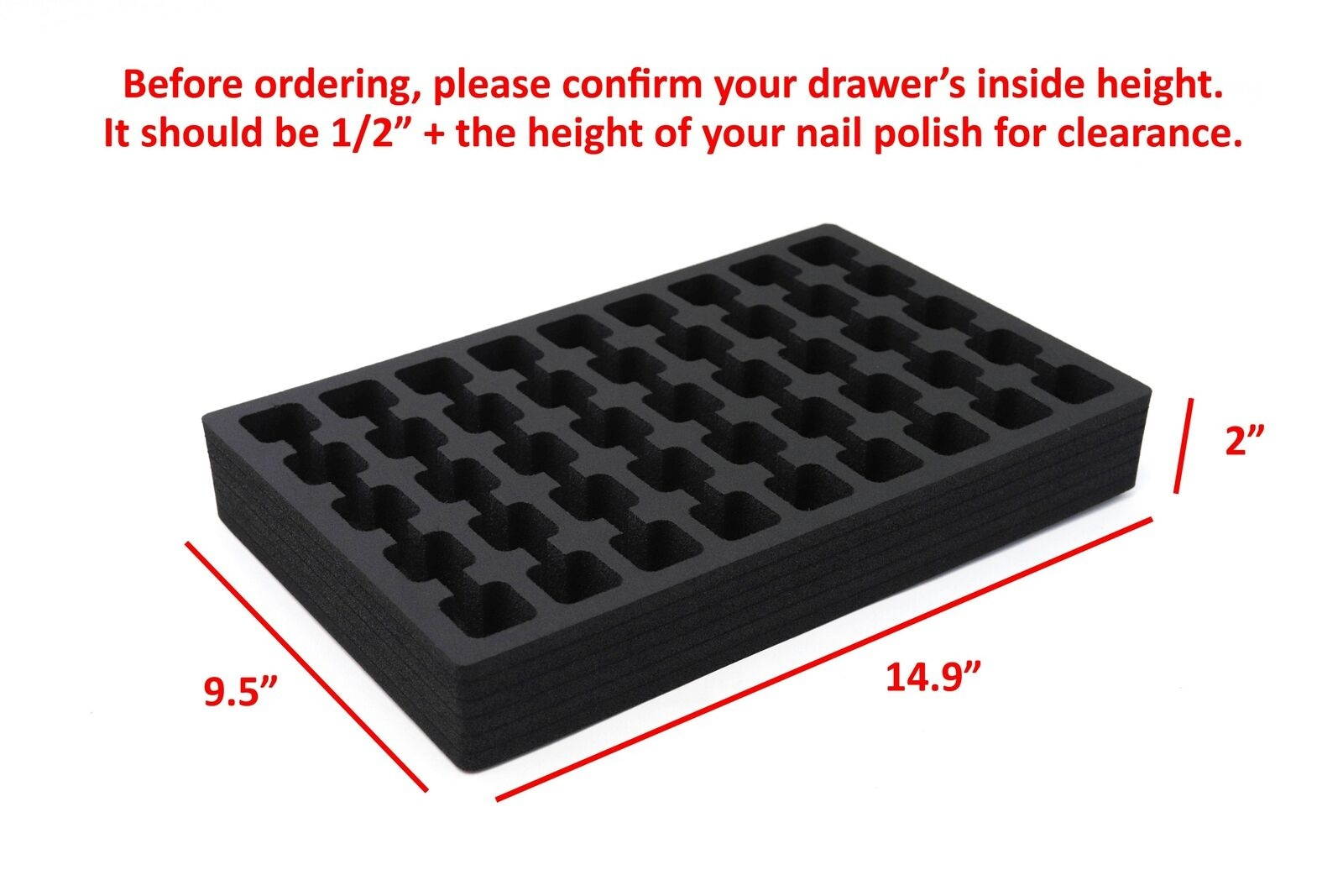 Nail Polish Drawer Organizer Washable Insert Tray Black Foam 9.5" x 14.9" x 2"