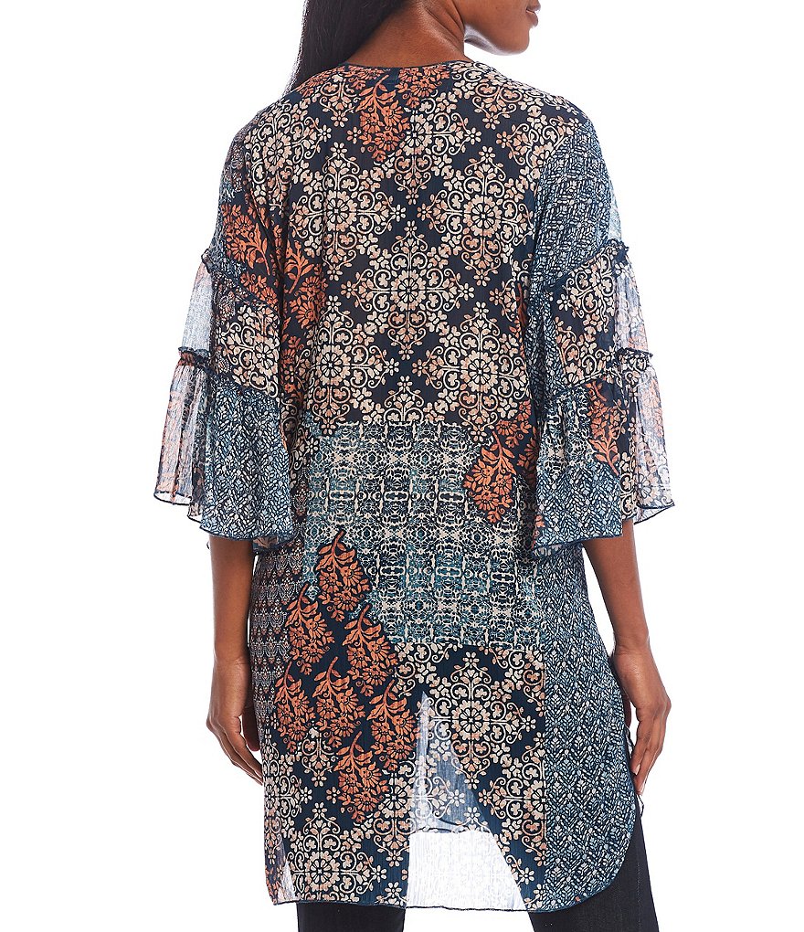 Democracy Geometric Patchwork Print 3/4 Ruffle Sleeve Open-Front Kimono Jacket