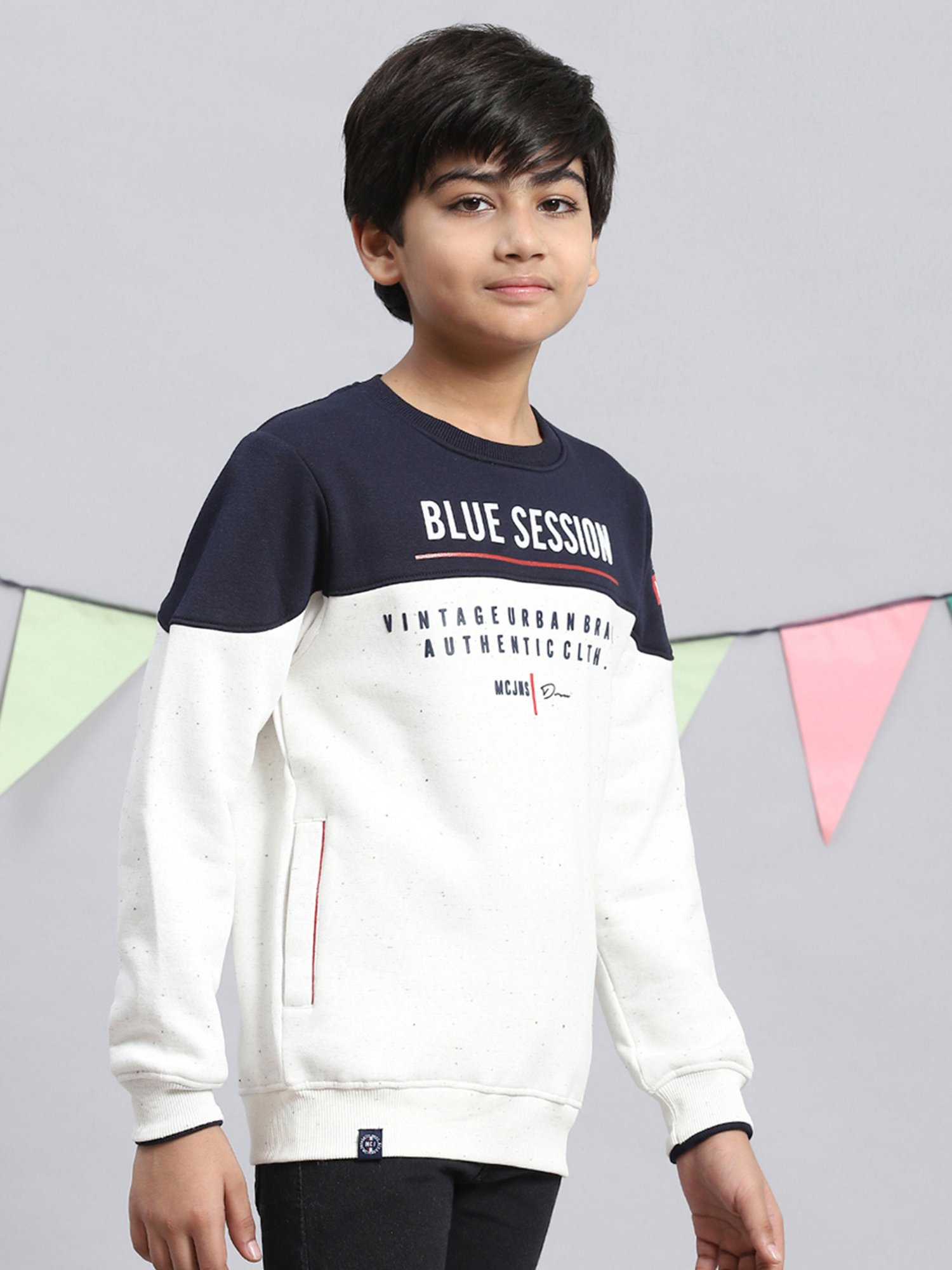 Monte Carlo Kids Off White & Navy Printed Full Sleeves Sweatshirt