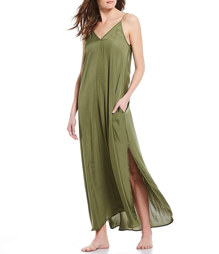 VAN WINKLE & CO. Solid Satin Maxi Chemise With Side Slit Detail
