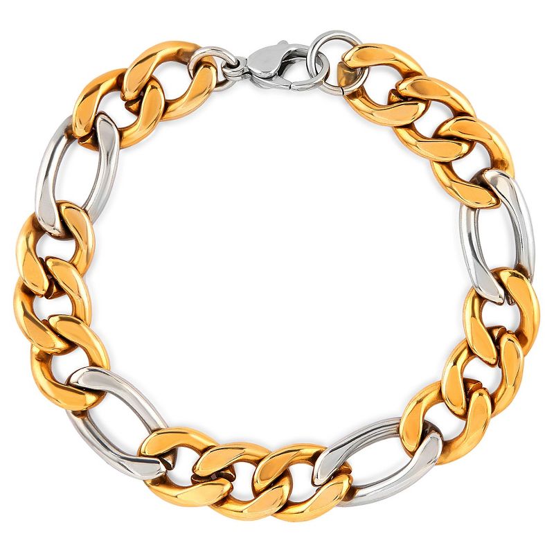 Men's Crucible Gold Plated Two-Tone Stainless Steel Figaro Chain Bracelet (11.5mm) - Gold/Silver (8.75")
