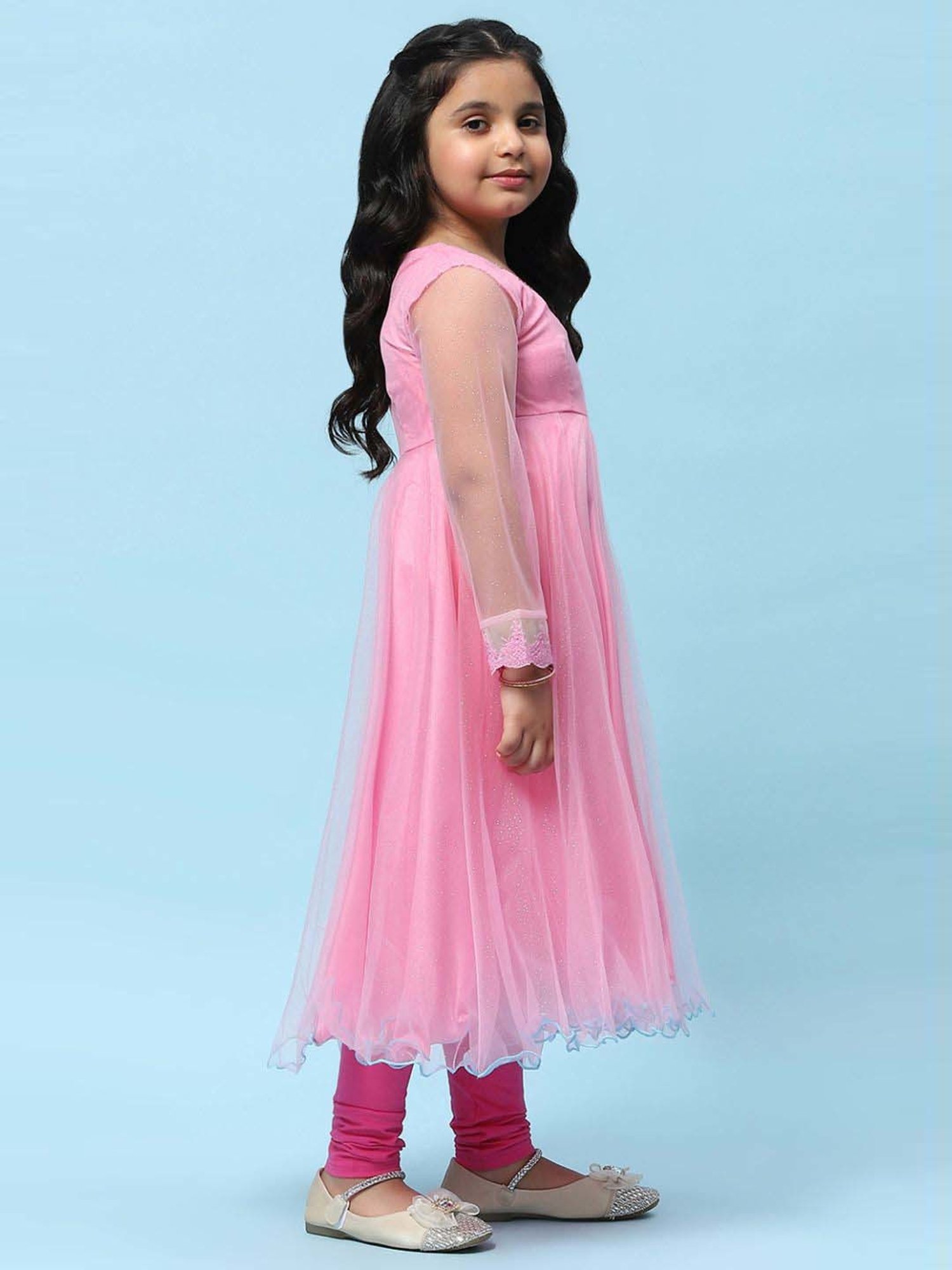 BIBA Girls Kids Pink Printed Full Sleeves Kurti, Churidar, Dupatta & Jacket