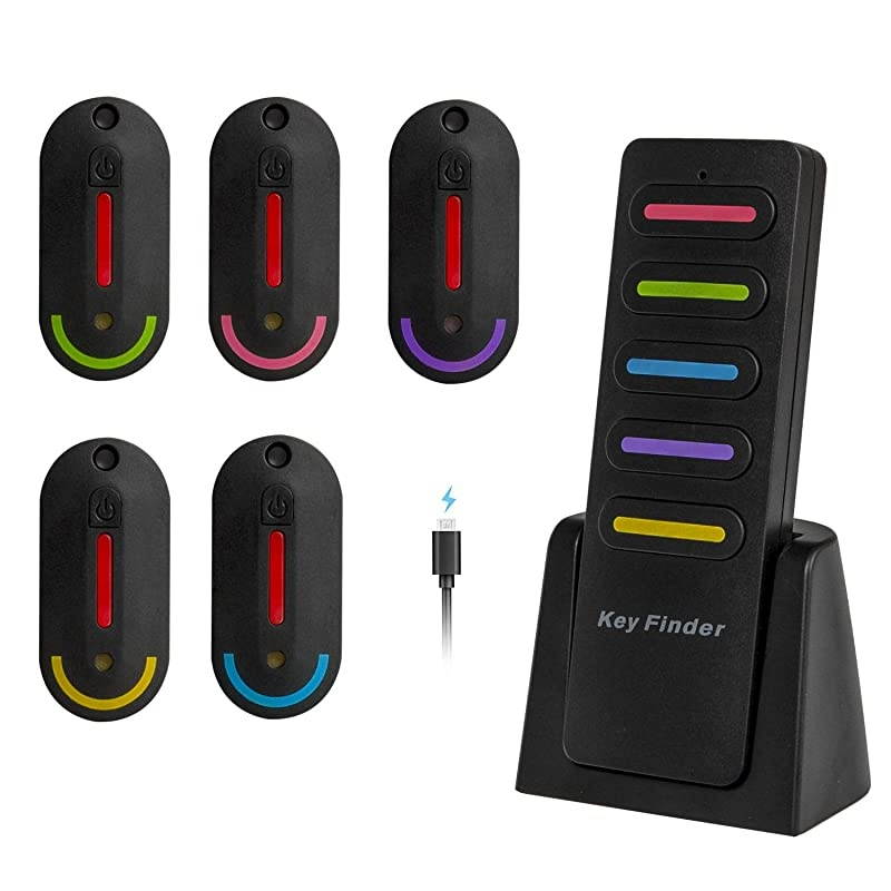 Rechargeable Key Finder  Wireless RF Item Locator Key Tracker with Remote Control Key Locator Item Finder with 1 RF Transmitter and 5 Rechargeable Receivers Keys Pet Wallet Tracker