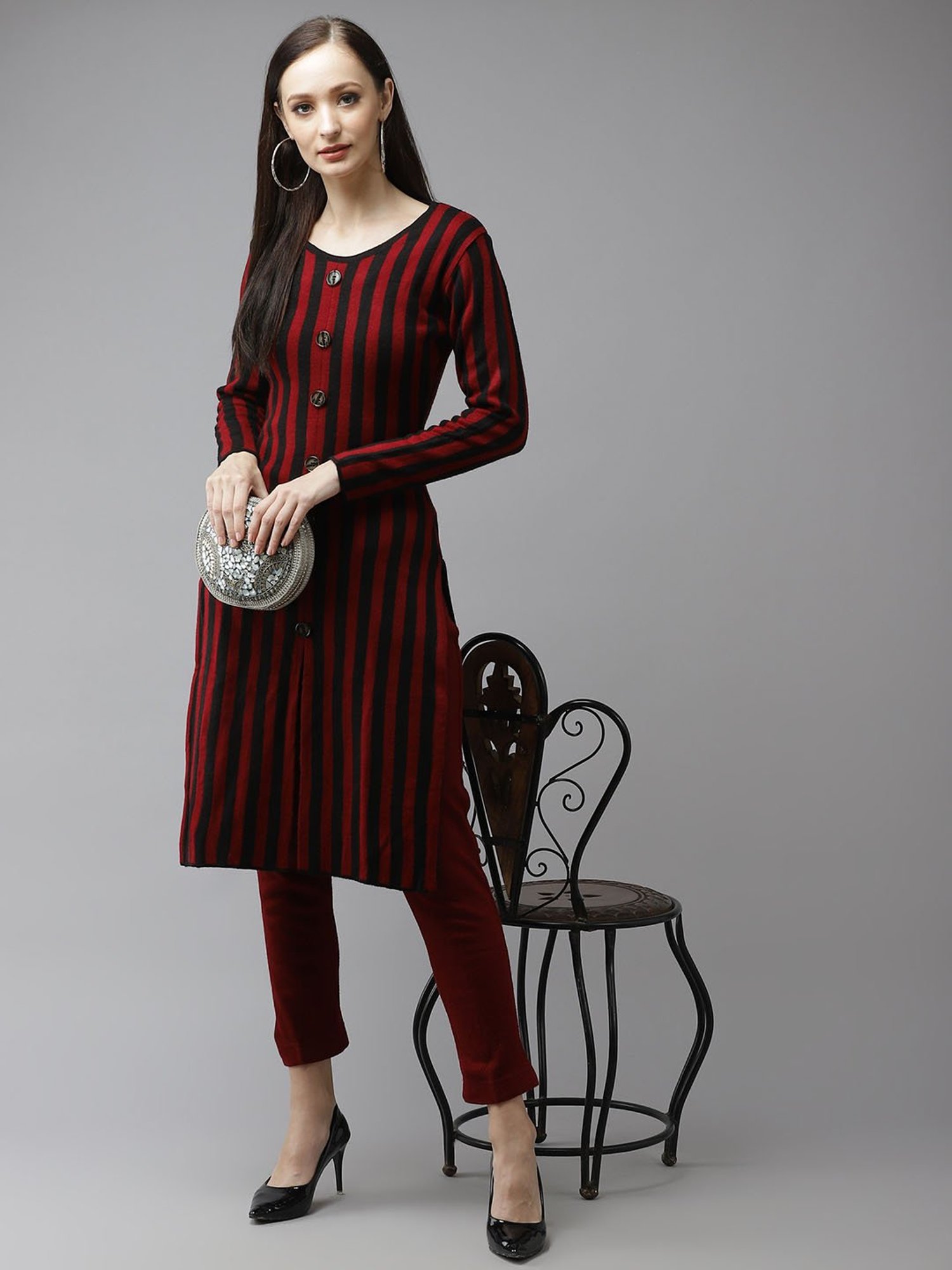 Cayman Maroon & Black Striped Kurta