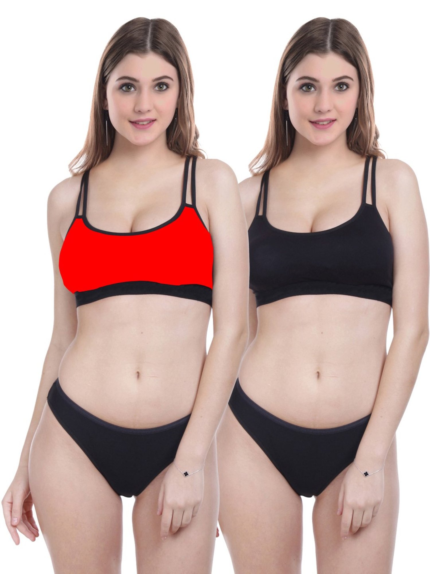 AROUSY Red & Black Cotton Bra Panty Set - Pack Of 2