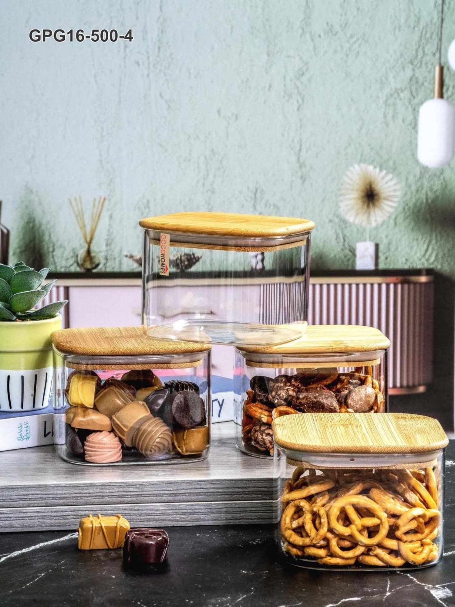 Goodhomes Transparent Glass Storage Jar with Wooden Lid - Set of 4