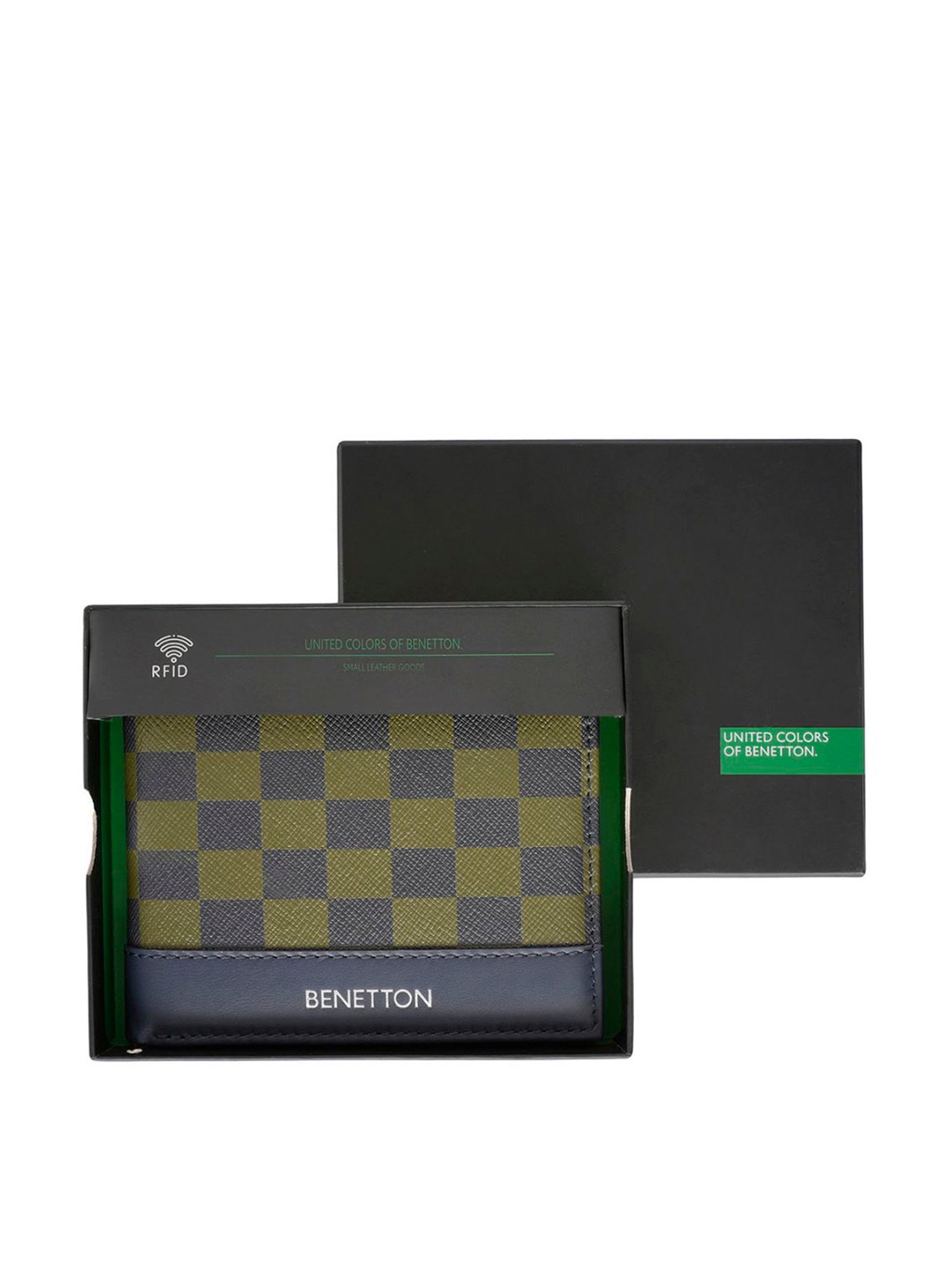 United Colors of Benetton Camora Olive & Navy Leather Printed Bi-Fold Wallet