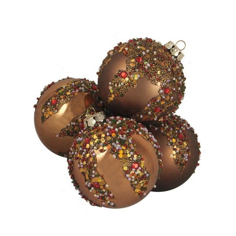 Barcana 4ct Brown Sequin Beaded Shatterproof 2-Finish Christmas Ball Ornaments 3.25" (80mm)