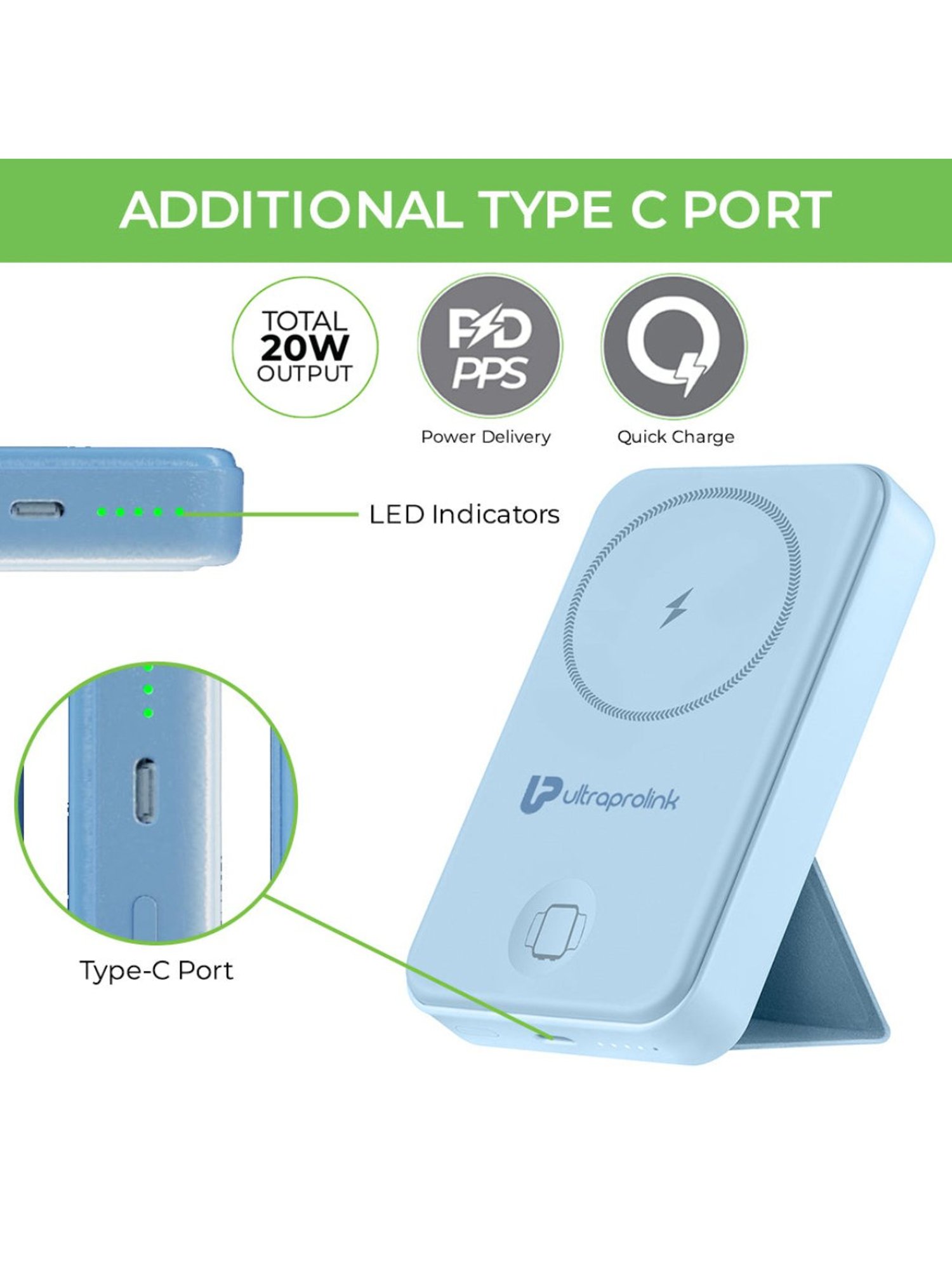 ULTRAPROLINK UM1113BLU 10,000mAh 2 in 1 Wireless Magnetic Power Bank with LED Display (Blue)