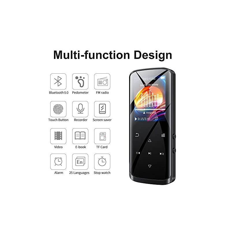 Player 16GB Player with Bluetooth 50 Builtin Speaker Portable HiFi Lossless Sound Music Player with FM Radio Voice Recorder Touch Button with Screen Support up to 128GBBlack