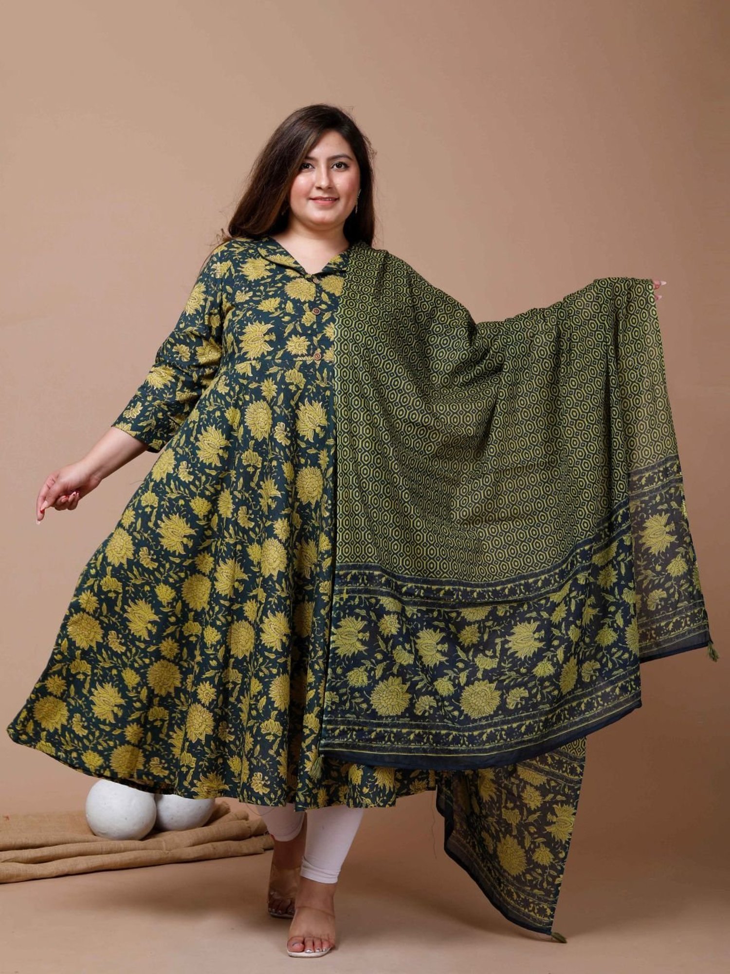Miravan Green Cotton Floral Print A Line Kurta With Dupatta