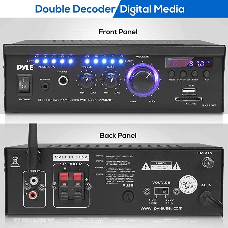 Wireless Bluetooth Home Stereo Amplifier 2x120 Watt Power Amplifier Home Audio Bluetooth Receiver System WBlue Led Display USBSD AUX RCA Headphone Jack Remote  PCAU46BA