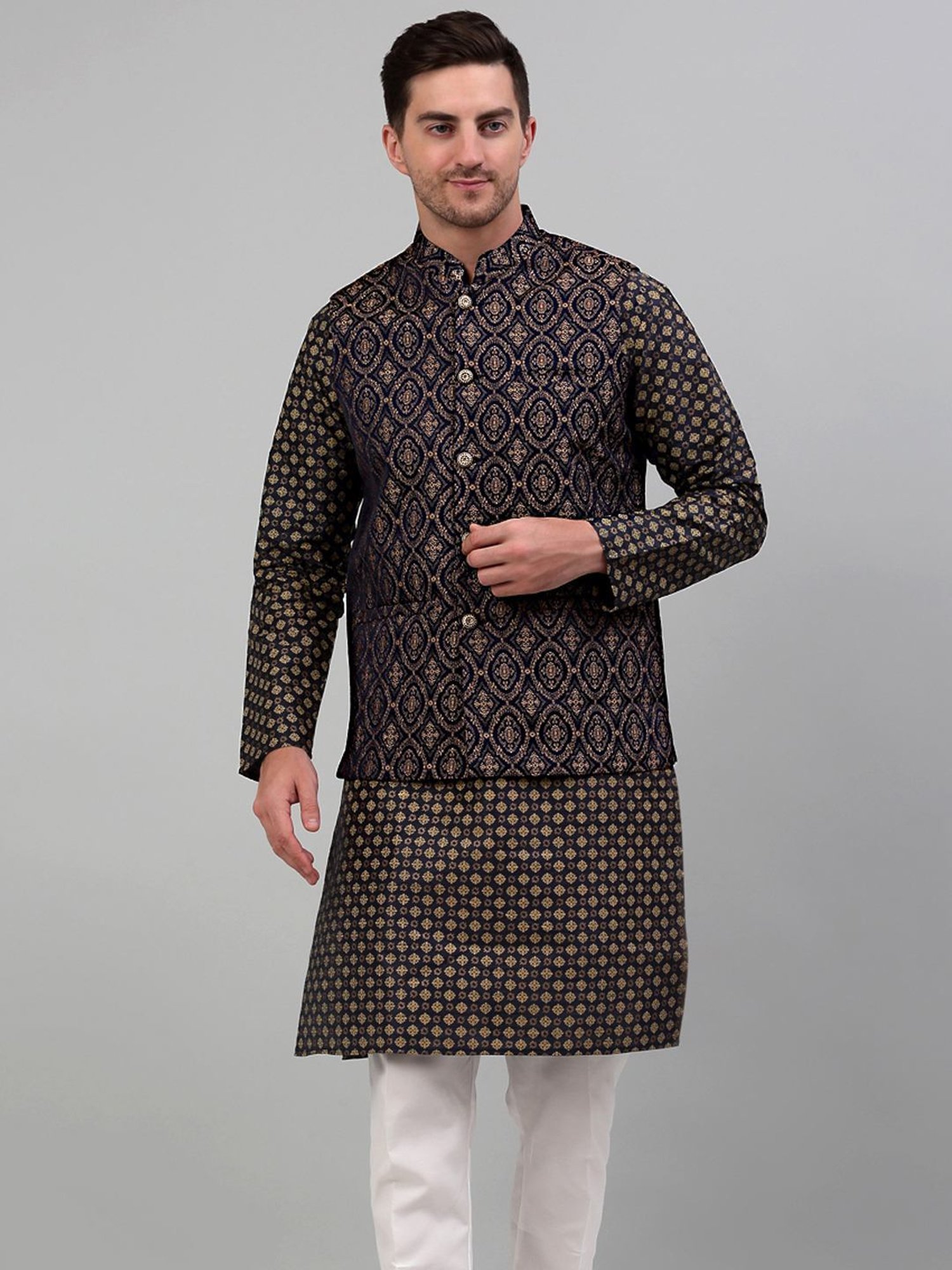Jompers Brown Regular Fit Self Pattern Nehru Jacket