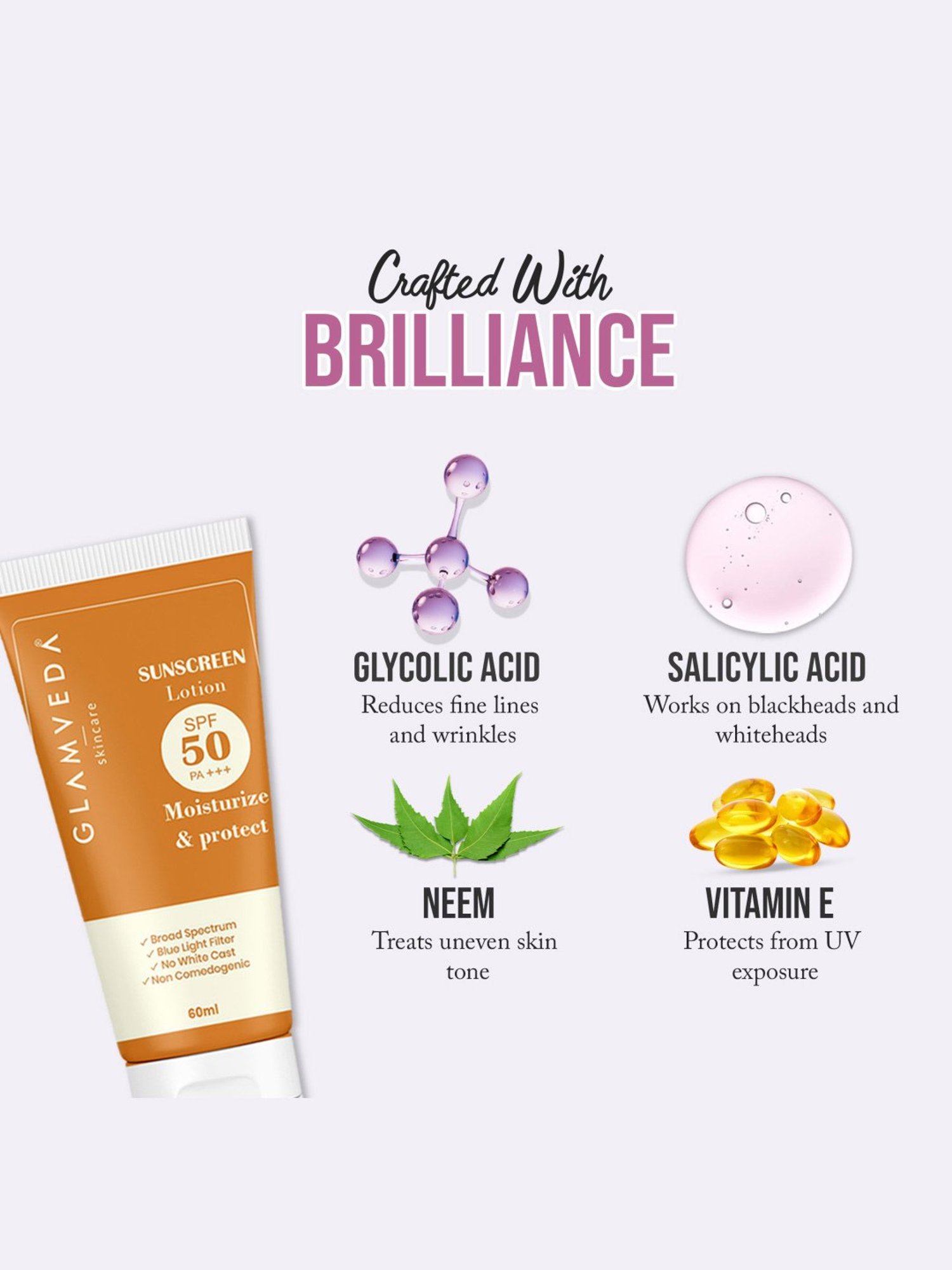 Glamveda Glycolic Acid & Salicylic Facial Kit & Hybrid Sunscreen Lotion SPF 50 PA+++ Combo