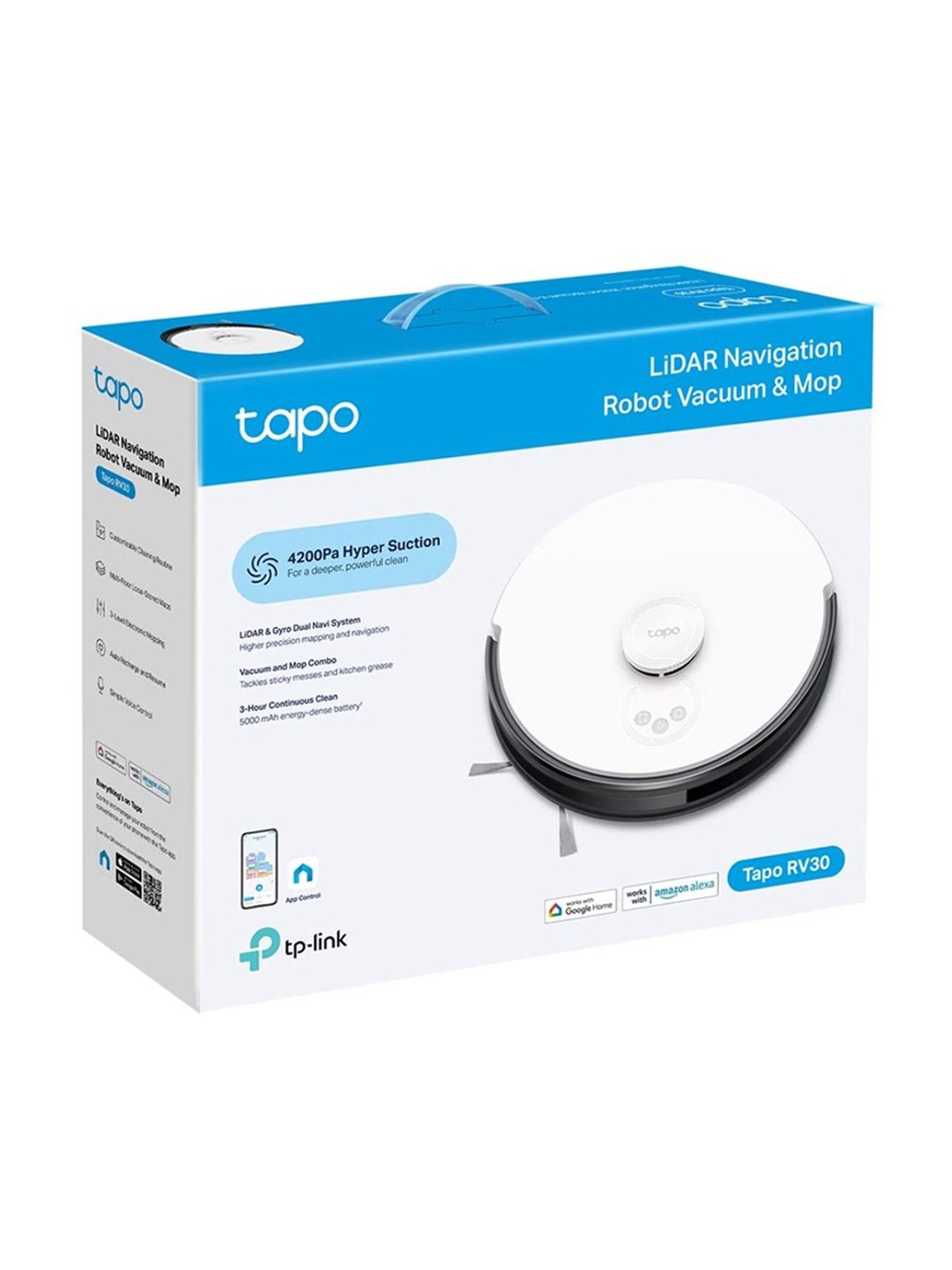 TP-LINK Tapo Rv30 Robot Vacuum Cleaner with Mop, Works with Alexa & Google, Auto-Charge (White)