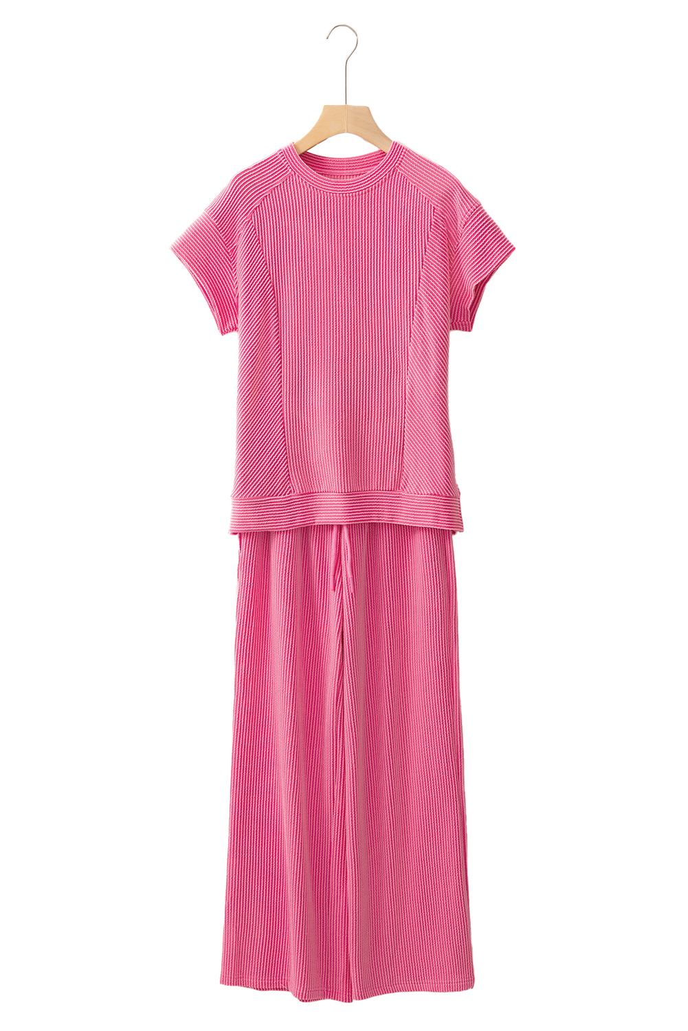 Green Solid Color Quilted Long Sleeve Top and Wide Leg Pants Set