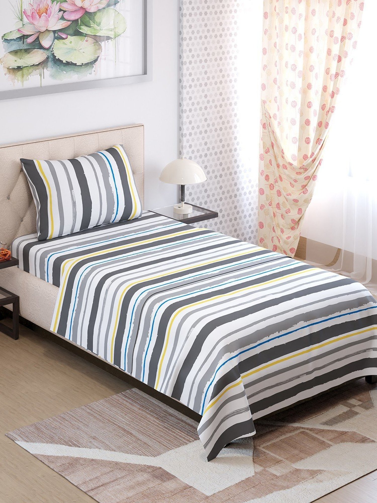 Layers Zen Grey Cotton Blend 225 TC Single Bedsheet with Pillow Cover