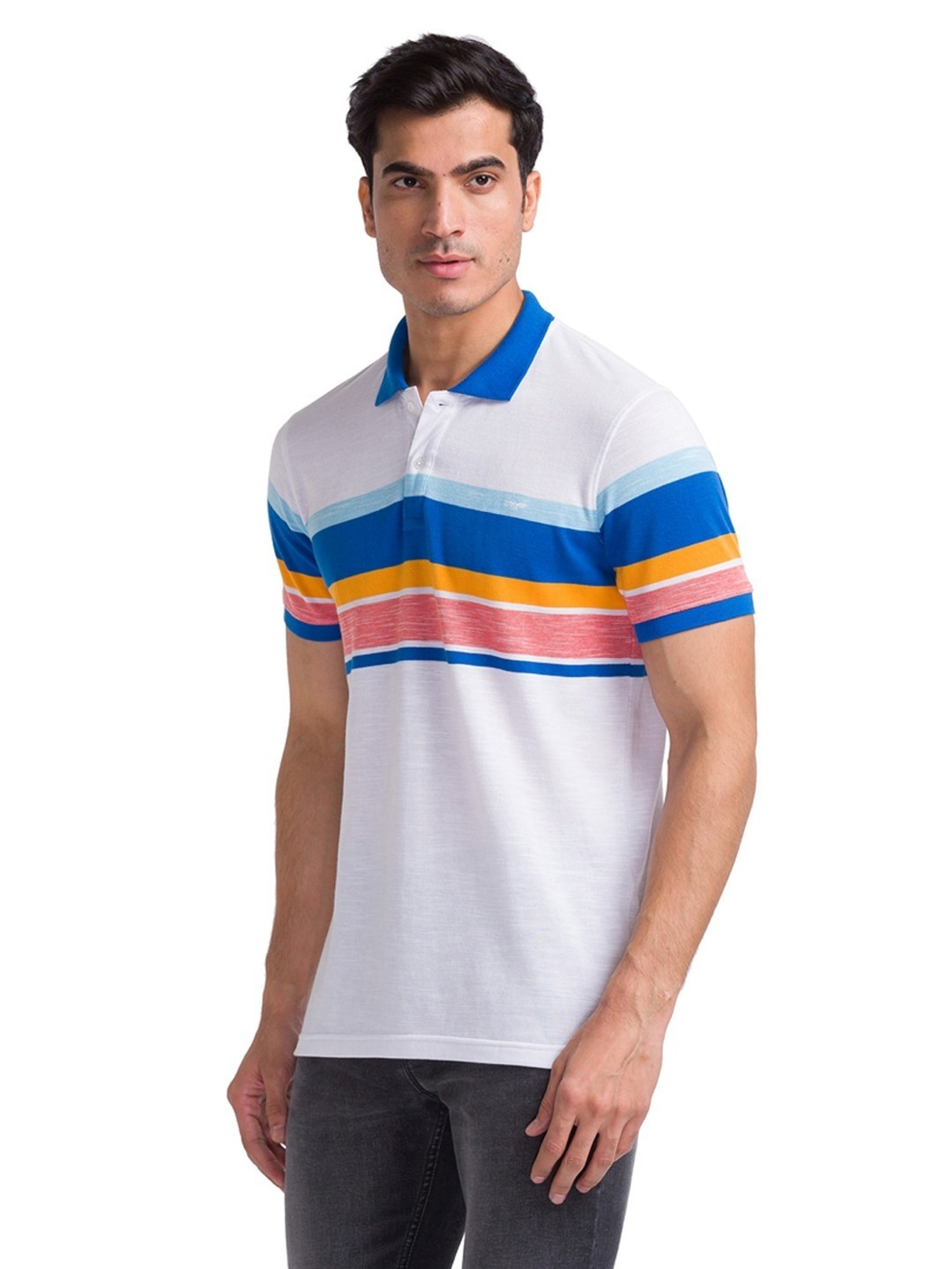 Park Avenue Blue Slim Fit Striped Polo T-Shirt
