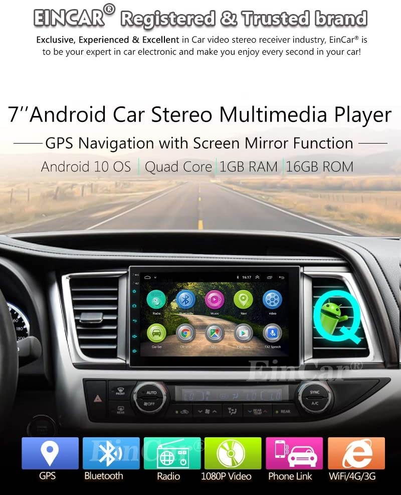 EINCAR Double Din Car Stereo Autoradio Bluetooth System 7 INCH Android 10.0 2 Din Head Unit GPS Navigation In Dash 1080p Video Audio Player Support WiFi USB SD Mirrorlink Capacitive Touchscreen