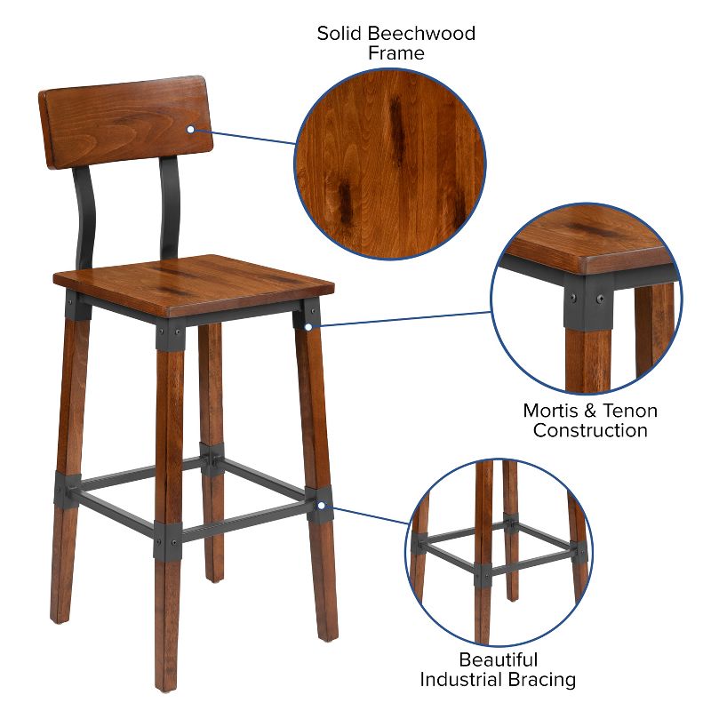 Emma and Oliver 4 Pack Commercial Grade Rustic Walnut Industrial Style Wood Dining Barstool