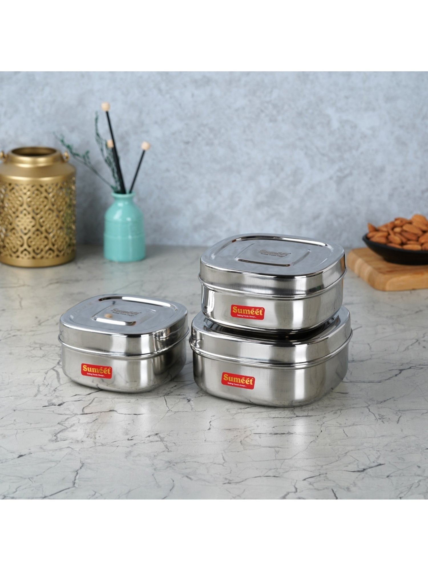 Sumeet S.S.Square Storage container box for Kitchen, 3Pc, 550ml,700ml & 1000ml, 11cm,12.5cm&14.5cm