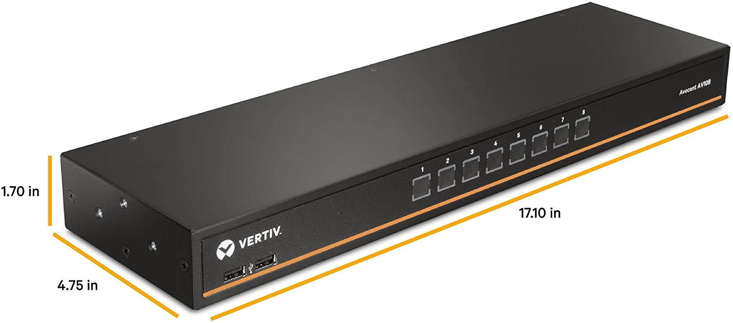 Vertiv Avocent 1x8 Rackmount or Desktop, Single-User KVM Switch With USB, OSD Support, 8 CBL017 VGA Cables, Touch Button and Hotkey Switching, Cascade Support and Internal Power Supply (AV108BND8-400)