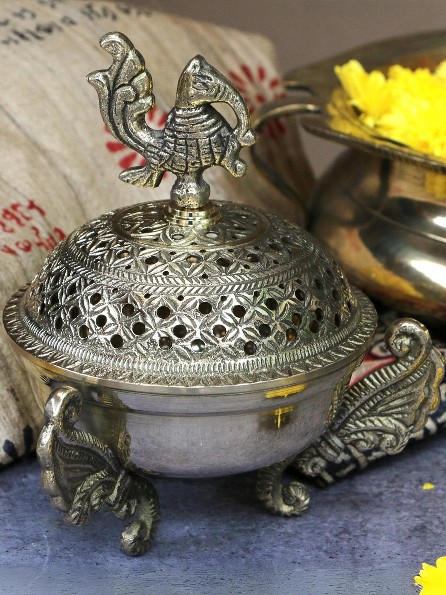Ambi 3 Legged Peacock Top Pure Brass Dhuni Loban Sambrani Incense Burner