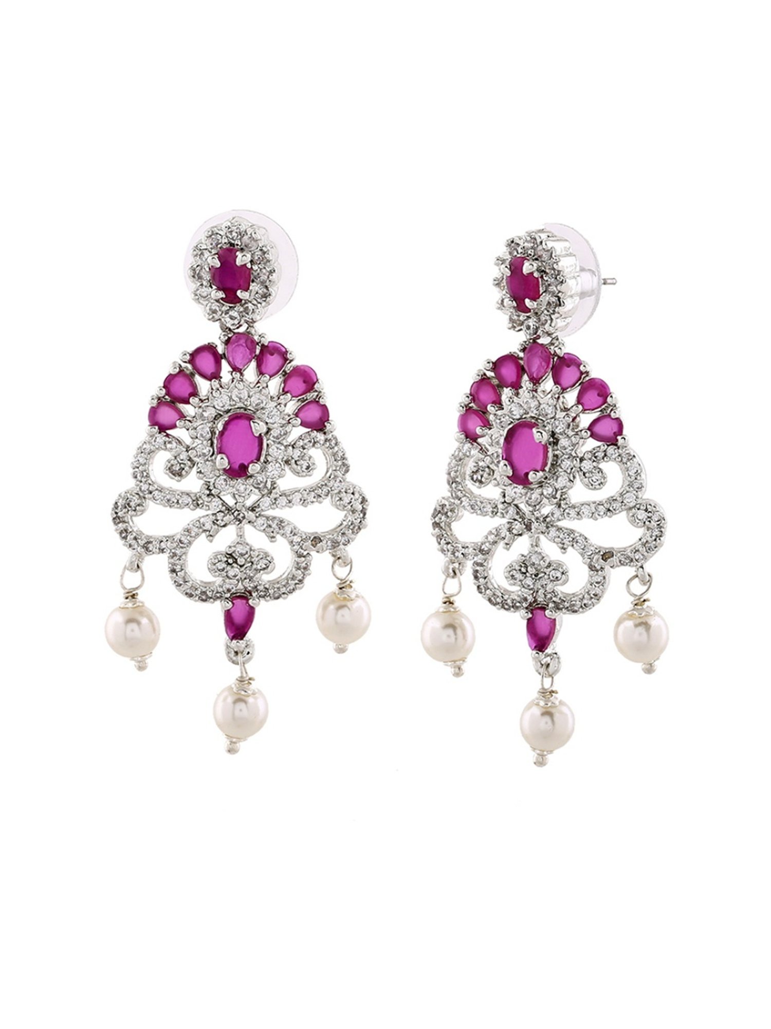 Estele Rhodium-Plated CZ Tiara Pearl & Ruby Crystals Dangler Earrings