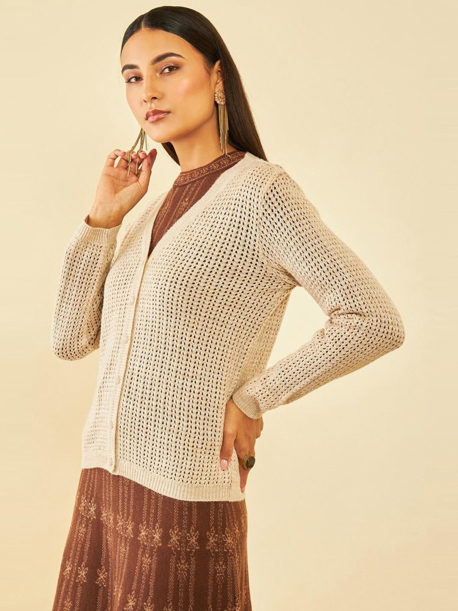 Soch Beige Acrylic Pointelle Knit V-Neck Cardigan with Ribbed Hems