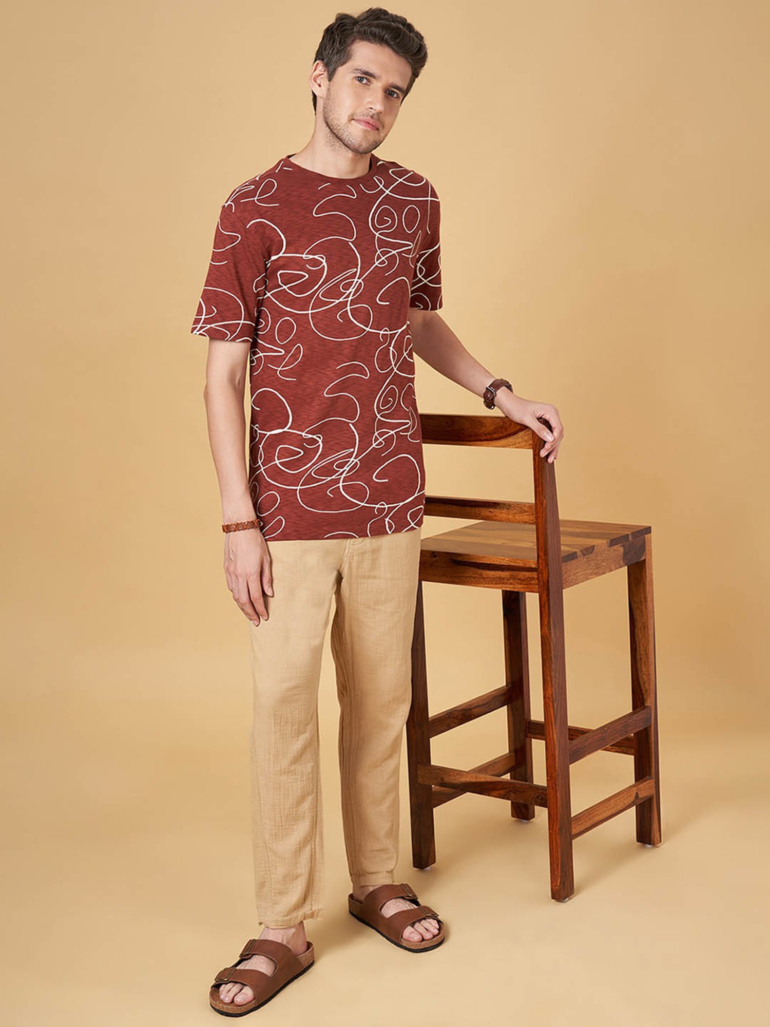 7 Alt by Pantaloons Coffee Cotton Relaxed Fit Printed T-Shirt