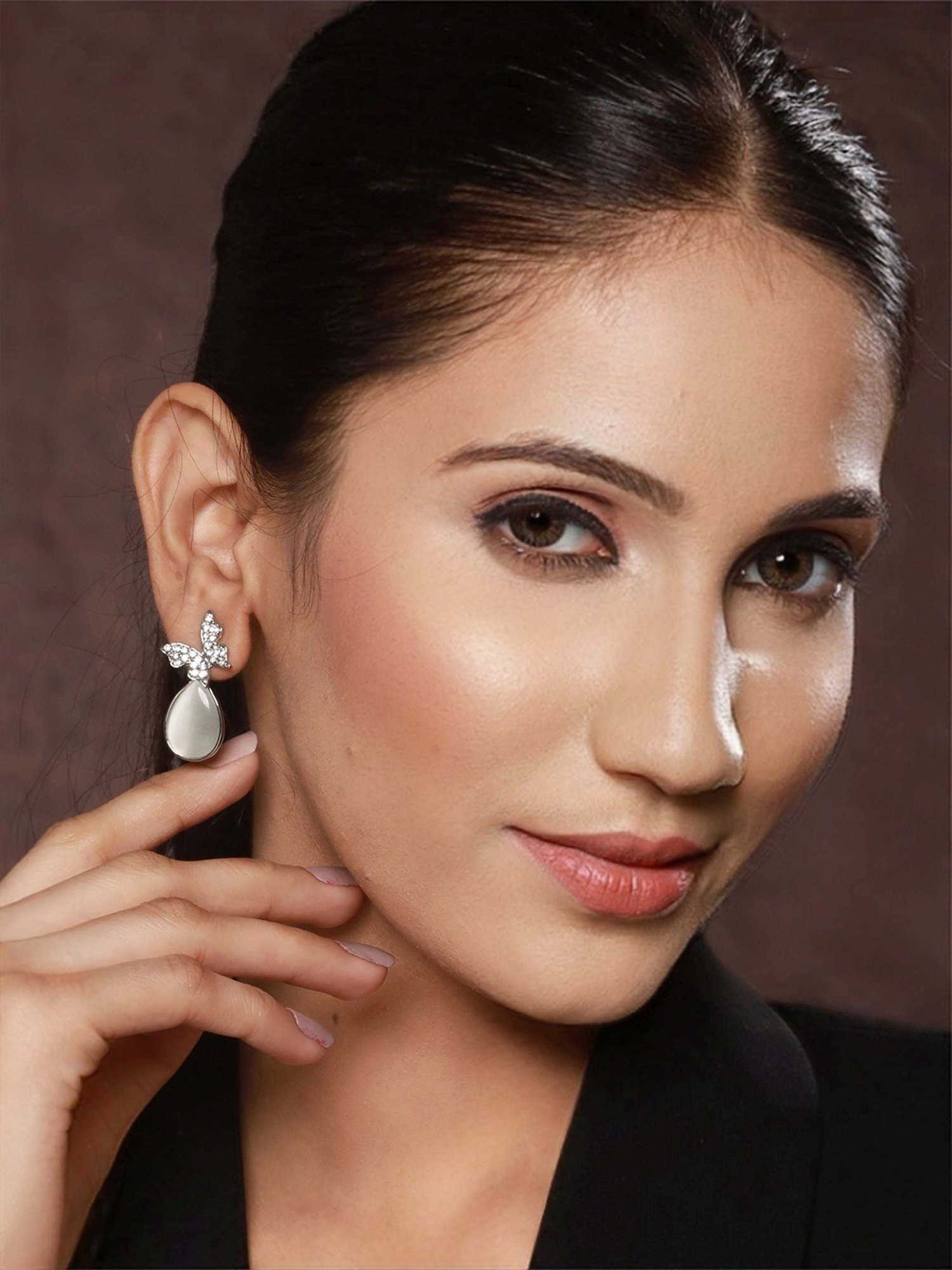 Prita by Priyaasi Butterfly Tear AD Silver-Plated Stud Earrings