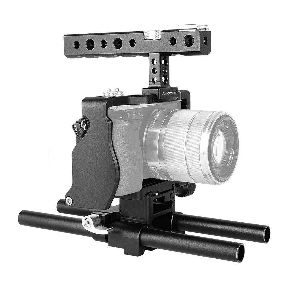Andoer Professional Video Cage Rig Kit Film Making System w/ 15mm Rod Accessory Replacement for Sony A6000 A6300 A6500 ILDC Mirrorless Camera Camcorder